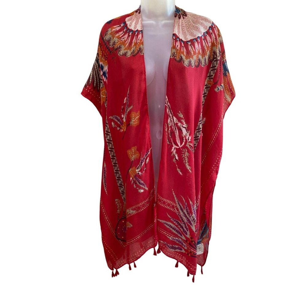 Woven Heart Red BOHO Native American Kimono Feather Vest Size S/M